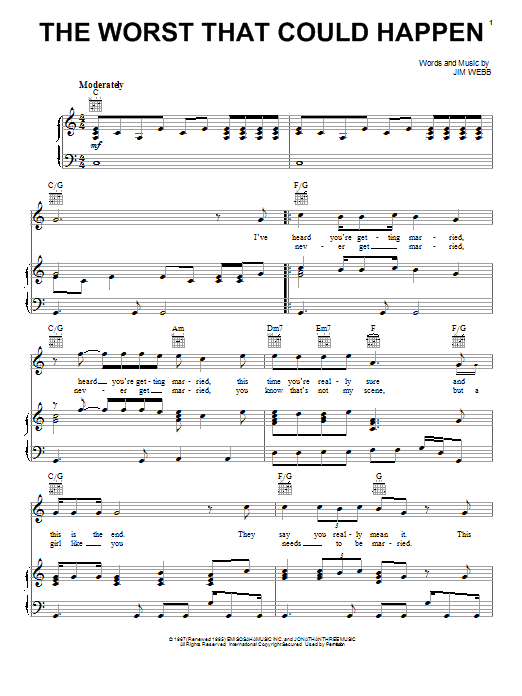 Learn to play Jimmy Webb The Worst That Could Happen sheet music for Piano, Vocal & Guitar Chords (Right-Hand Melody) in minutes. Price: 7.8900$ Jimmy Webb The Worst That Could Happen sheet music notes and chords arranged for Piano, Vocal & Guitar Chords (Right-Hand Melody)