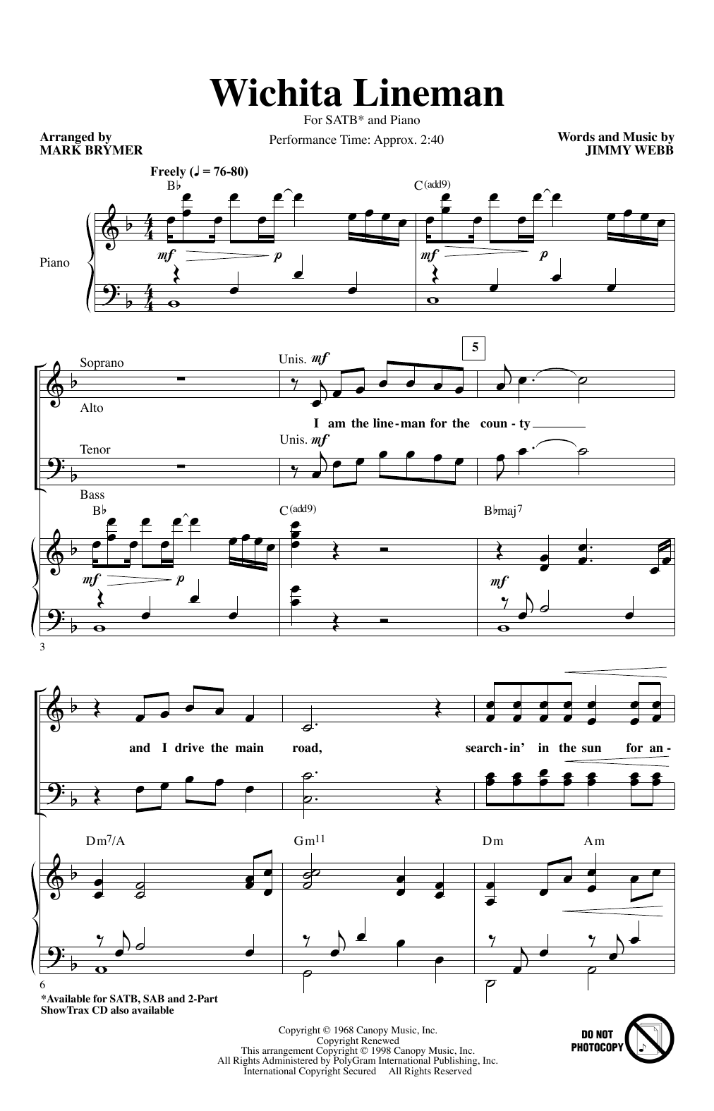 Jimmy Webb Wichita Lineman (arr. Mark Brymer) sheet music notes and chords. Download Printable PDF.