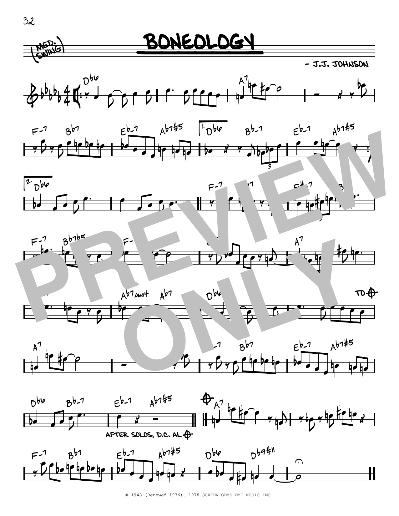 J.J. Johnson Boneology sheet music notes and chords arranged for Real Book – Melody & Chords