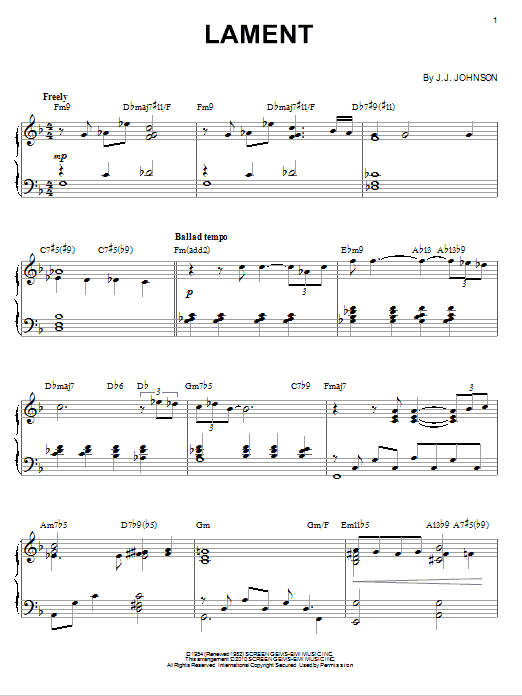 Learn to play J.J. Johnson Lament (arr. Brent Edstrom) sheet music for Piano Solo in minutes. Price: 7.8900$ J.J. Johnson Lament (arr. Brent Edstrom) sheet music notes and chords arranged for Piano Solo