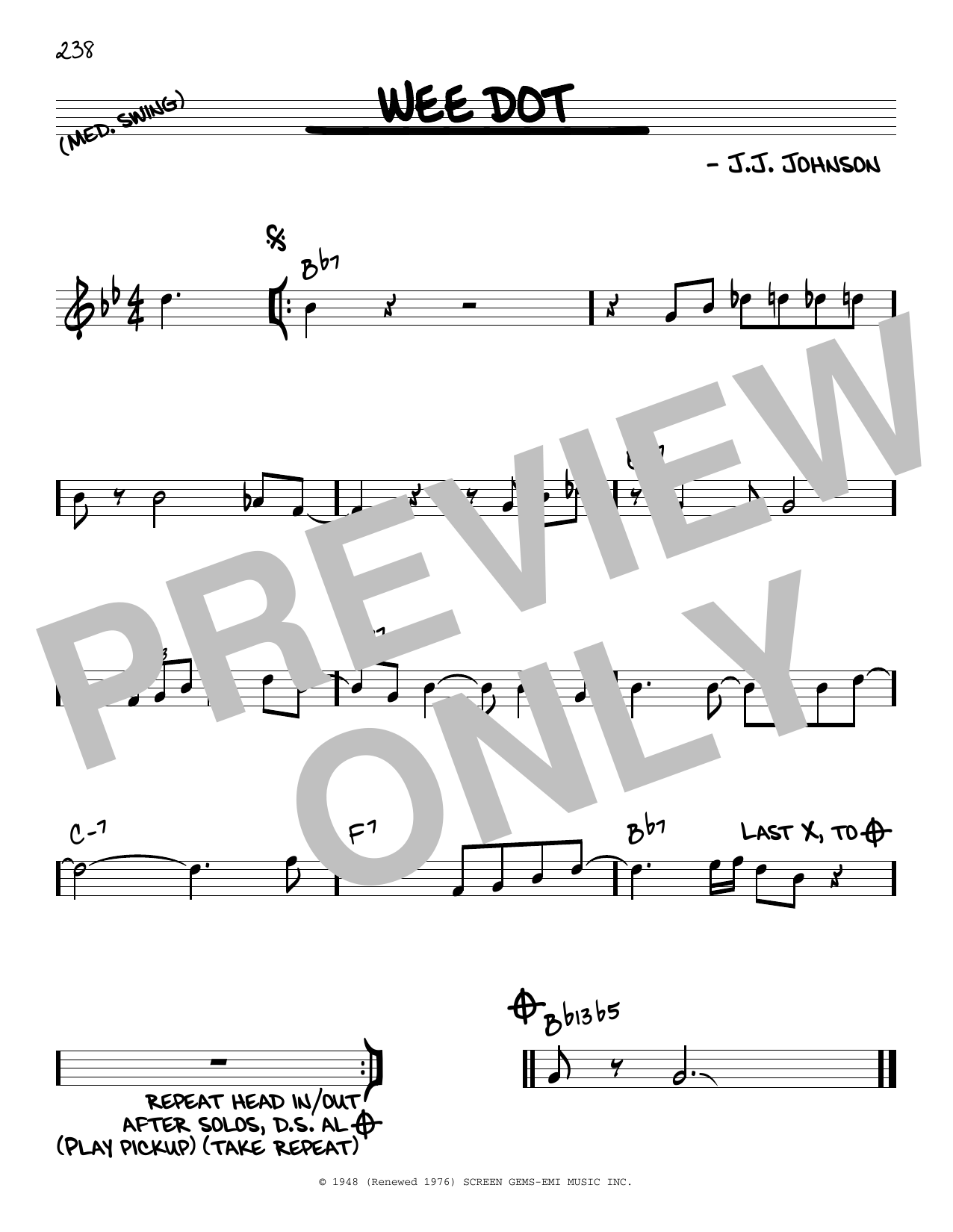 Learn to play J.J. Johnson Wee Dot sheet music for Real Book – Melody & Chords in minutes. Price: 5.9900$ J.J. Johnson Wee Dot sheet music notes and chords arranged for Real Book – Melody & Chords