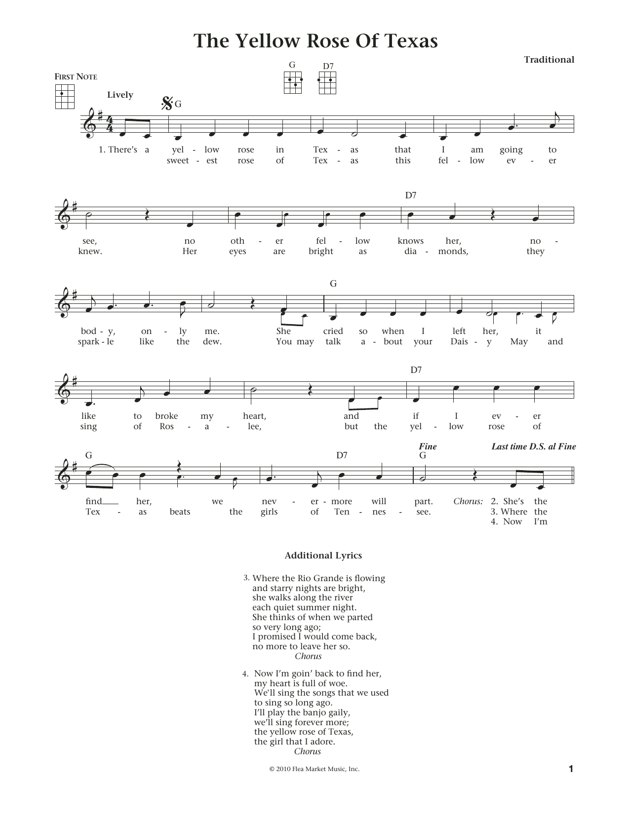 Learn to play J.K., 1858 The Yellow Rose Of Texas (from The Daily Ukulele) (arr. Liz and Jim Beloff) sheet music for Ukulele in minutes. Price: 5.9900$ J.K., 1858 The Yellow Rose Of Texas (from The Daily Ukulele) (arr. Liz and Jim Beloff) sheet music notes and chords arranged for Ukulele