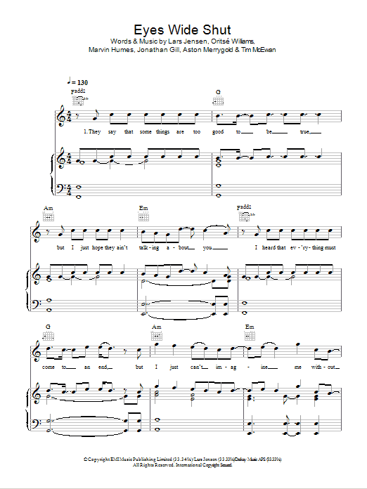 Learn to play JLS Eyes Wide Shut sheet music for Piano, Vocal & Guitar Chords in minutes. Price: 7.8900$ JLS Eyes Wide Shut sheet music notes and chords arranged for Piano, Vocal & Guitar Chords