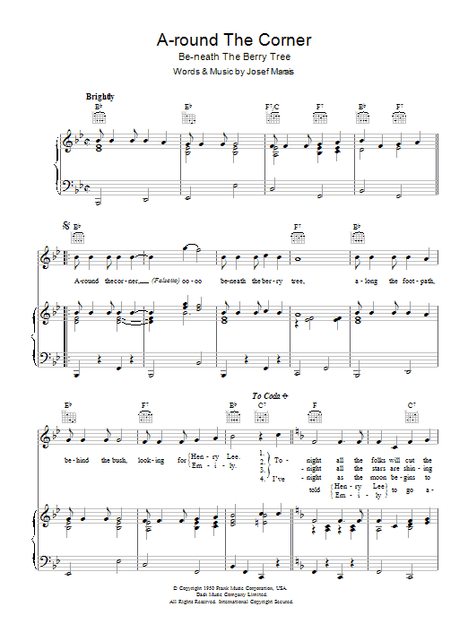 Learn to play Jo Stafford A-round The Corner (Be-neath The Berry Tree) sheet music for Piano, Vocal & Guitar Chords in minutes. Price: 7.8900$ Jo Stafford A-round The Corner (Be-neath The Berry Tree) sheet music notes and chords arranged for Piano, Vocal & Guitar Chords