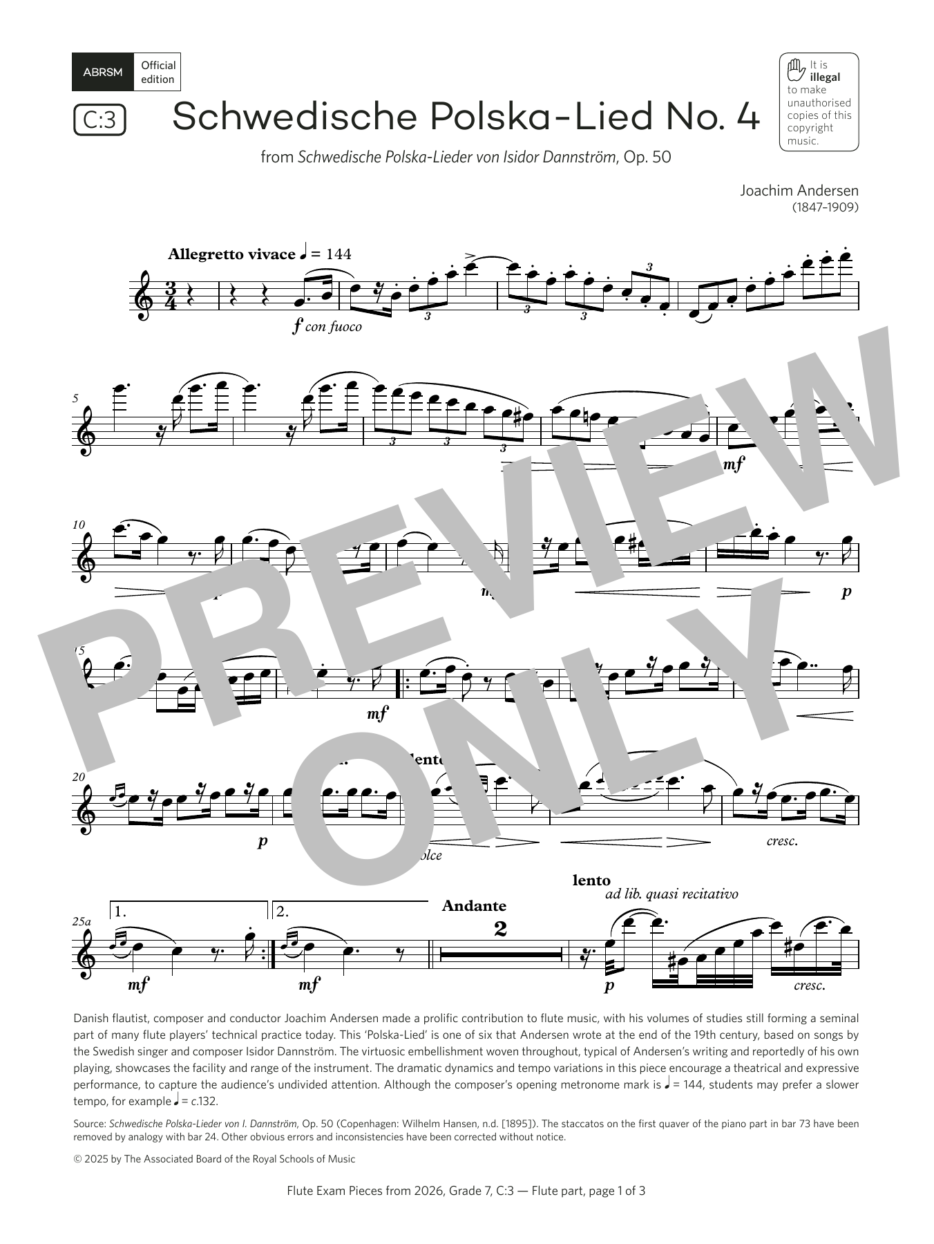 Learn to play Joachim Andersen Schwedische Polska-Lied No. 4 (Grade 7, list C3, from the ABRSM Flute Syllabus from 2026) sheet music for Flute Solo in minutes. Price: 6.9900$ Joachim Andersen Schwedische Polska-Lied No. 4 (Grade 7, list C3, from the ABRSM Flute Syllabus from 2026) sheet music notes and chords arranged for Flute Solo