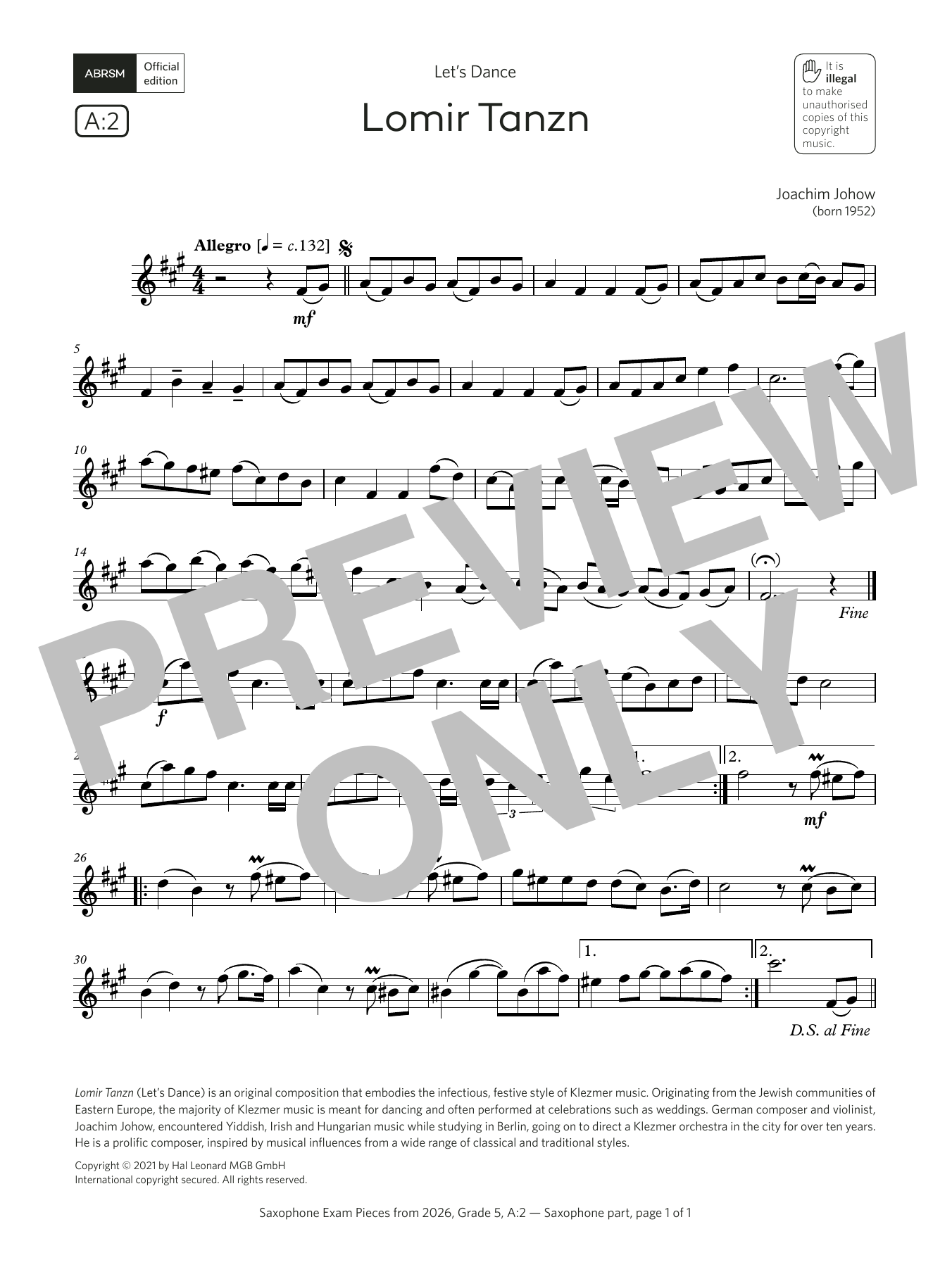 Learn to play Joachim Johow Lomir Tanzn (Grade 5, list A2, from the ABRSM Saxophone Syllabus from 2026) sheet music for Alto Sax Solo in minutes. Price: 5.9900$ Joachim Johow Lomir Tanzn (Grade 5, list A2, from the ABRSM Saxophone Syllabus from 2026) sheet music notes and chords arranged for Alto Sax Solo