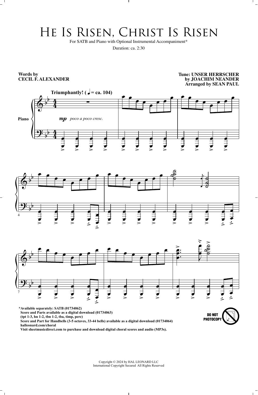 Learn to play Joachim Neander He is Risen, Christ is Risen (arr. Sean Paul) sheet music for SATB Choir in minutes. Price: 3.9900$ Joachim Neander He is Risen, Christ is Risen (arr. Sean Paul) sheet music notes and chords arranged for SATB Choir