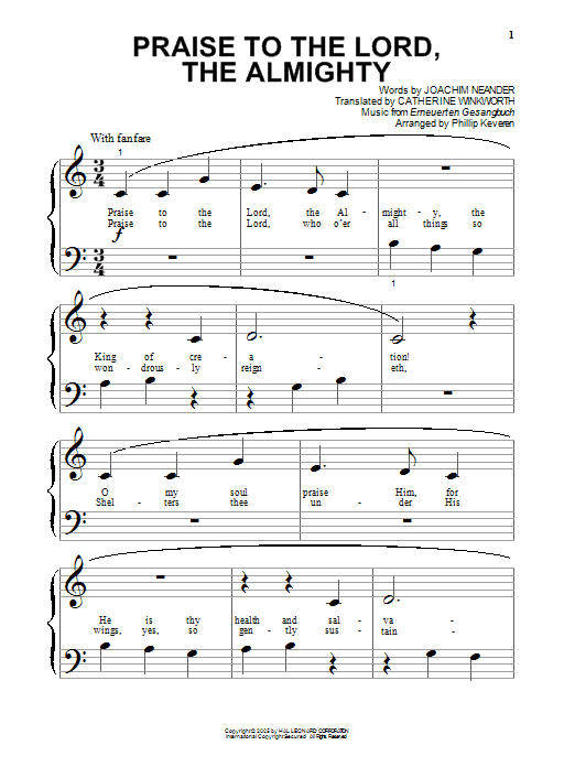 Joachim Neander Praise To The Lord, The Almighty sheet music notes and chords. Download Printable PDF.