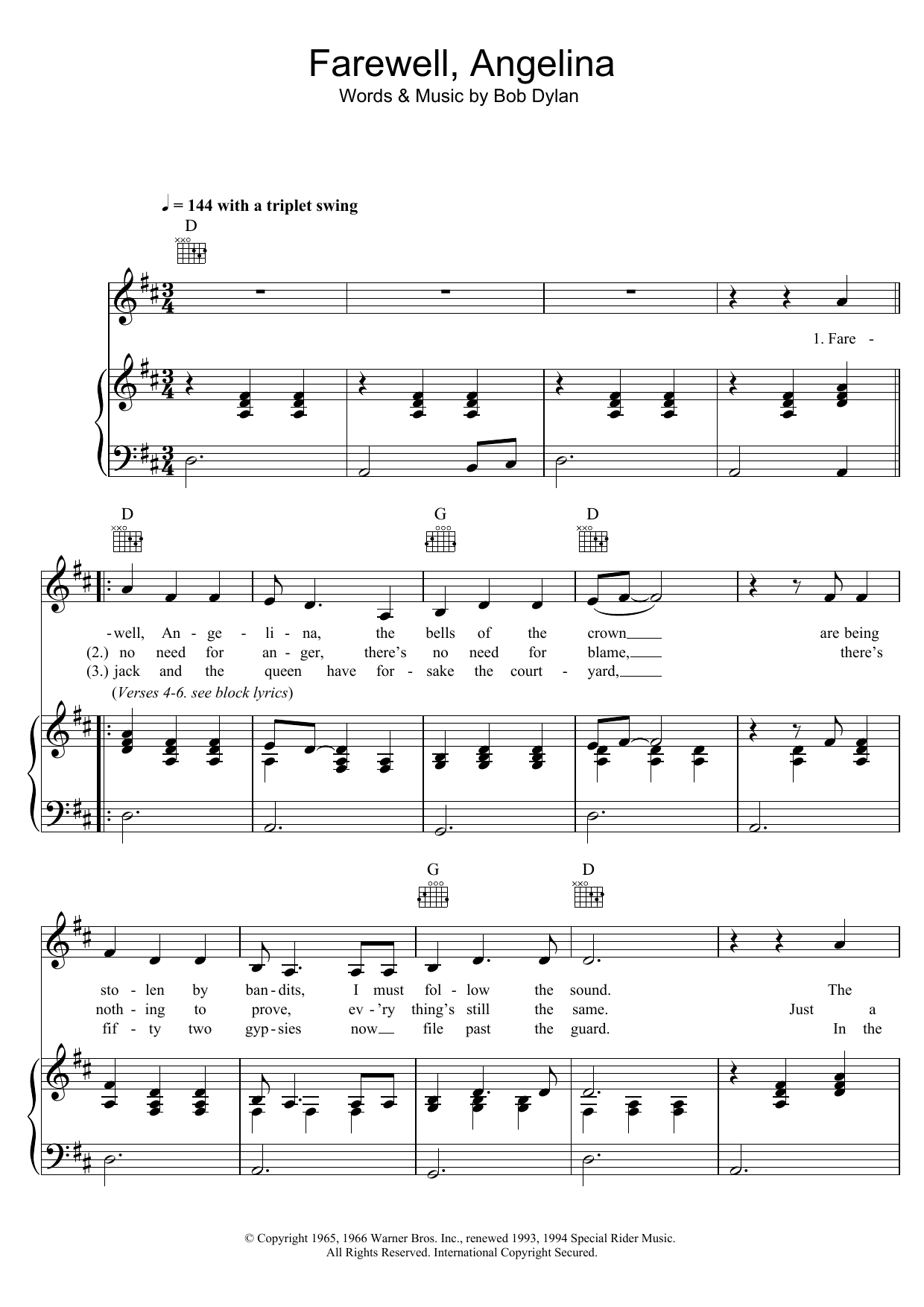 Joan Baez Farewell, Angelina sheet music notes and chords. Download Printable PDF.