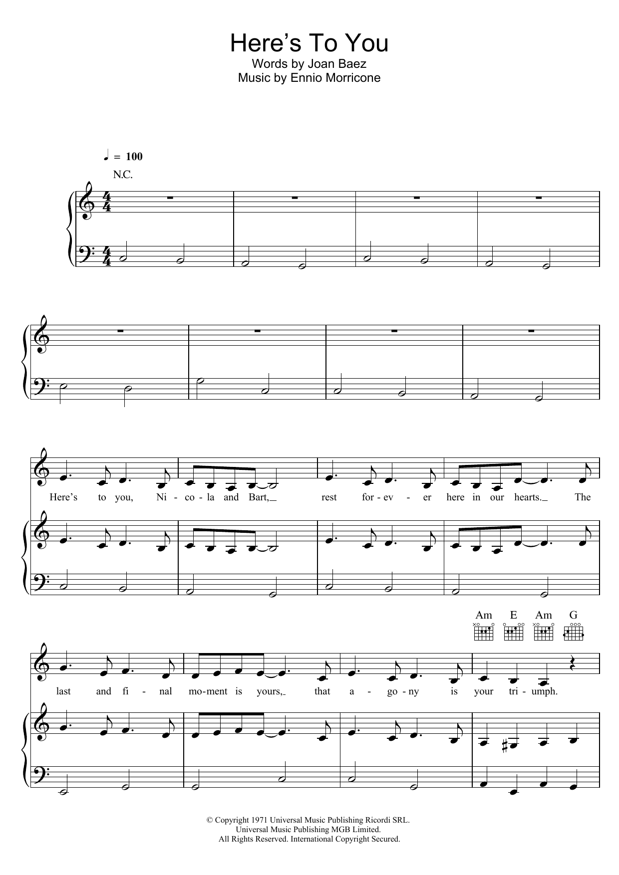 Joan Baez Here's To You sheet music notes and chords. Download Printable PDF.