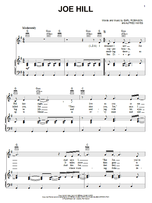 Learn to play Joan Baez Joe Hill sheet music for Piano, Vocal & Guitar Chords (Right-Hand Melody) in minutes. Price: 7.8900$ Joan Baez Joe Hill sheet music notes and chords arranged for Piano, Vocal & Guitar Chords (Right-Hand Melody)