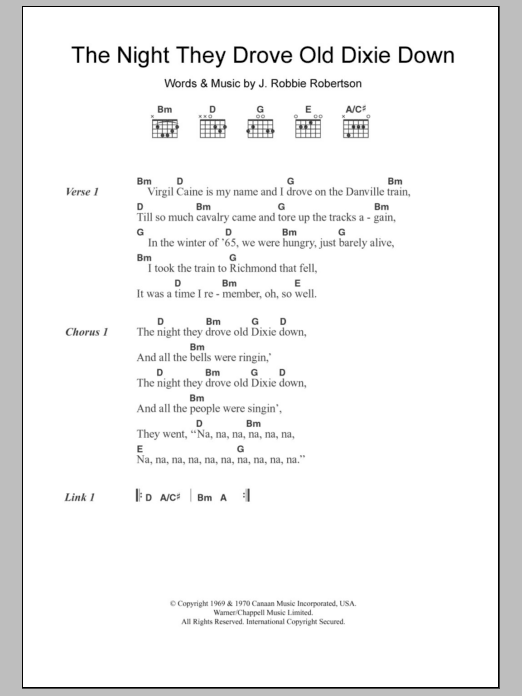 Joan Baez The Night They Drove Old Dixie Down sheet music notes and chords. Download Printable PDF.