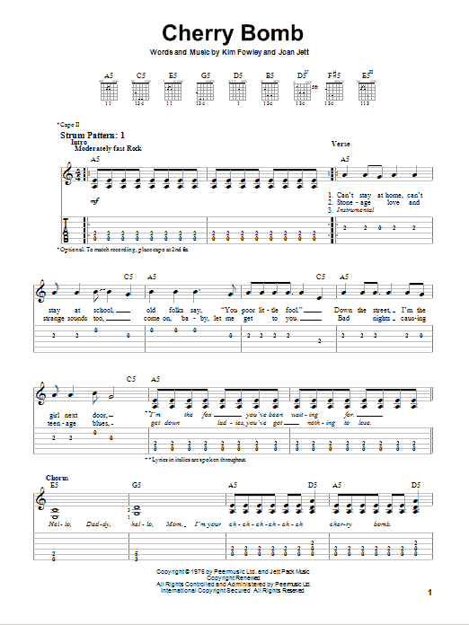 Joan Jett Cherry Bomb sheet music notes and chords. Download Printable PDF.