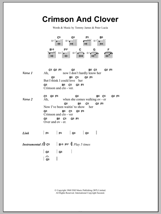 Joan Jett Crimson And Clover sheet music notes and chords. Download Printable PDF.