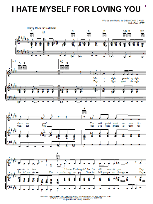 Joan Jett I Hate Myself For Loving You sheet music notes and chords. Download Printable PDF.