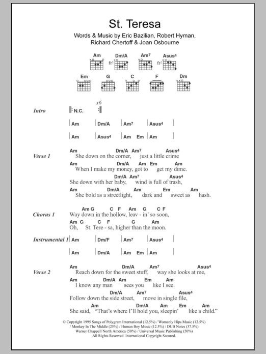 Joan Osbourne St. Teresa sheet music notes and chords arranged for Guitar Chords/Lyrics