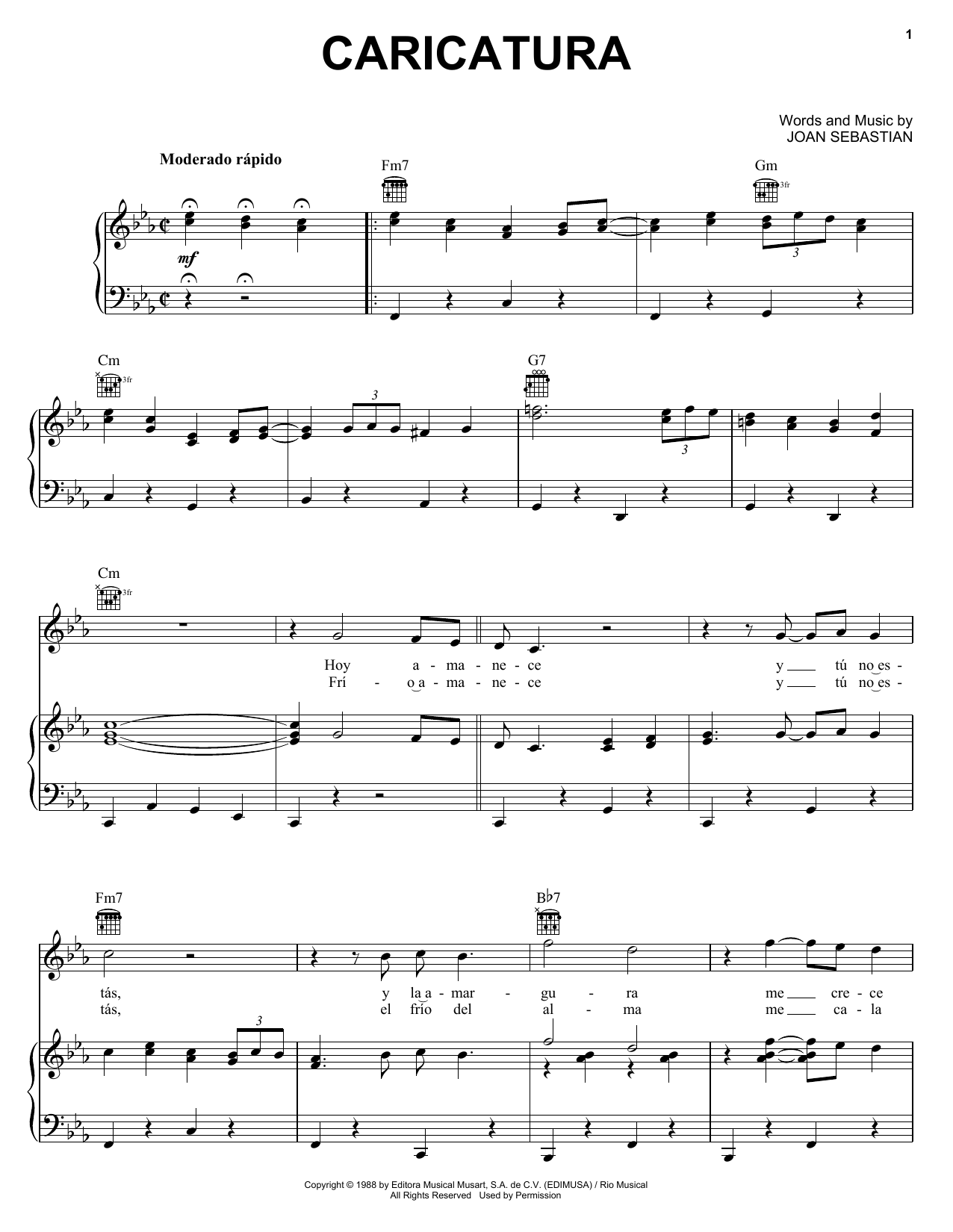 Learn to play Joan Sebastian Caricatura sheet music for Piano, Vocal & Guitar Chords (Right-Hand Melody) in minutes. Price: 7.8900$ Joan Sebastian Caricatura sheet music notes and chords arranged for Piano, Vocal & Guitar Chords (Right-Hand Melody)