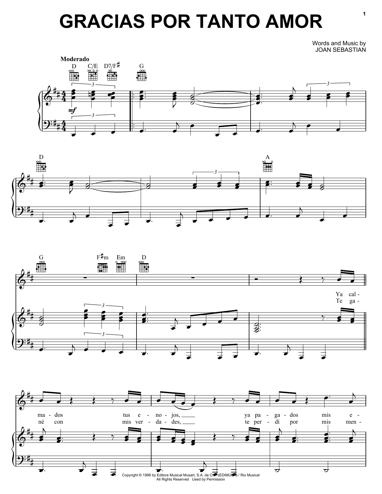 Joan Sebastian Gracias Por Tanto Amor sheet music notes and chords. Download Printable PDF.