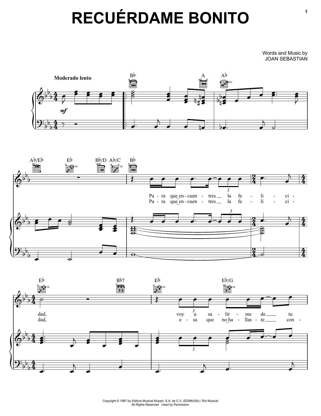 Learn to play Joan Sebastian Recúerdame Bonito sheet music for Piano, Vocal & Guitar Chords (Right-Hand Melody) in minutes. Price: 7.8900$ Joan Sebastian Recúerdame Bonito sheet music notes and chords arranged for Piano, Vocal & Guitar Chords (Right-Hand Melody)