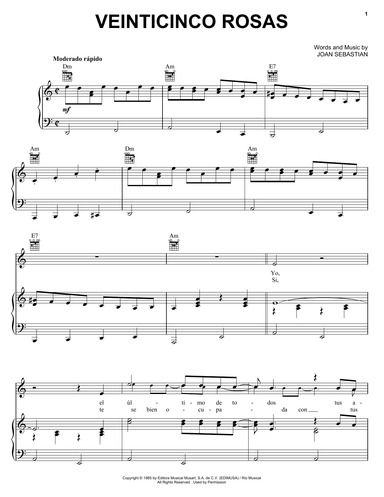 Joan Sebastian Veinticinco Rosas sheet music notes and chords. Download Printable PDF.