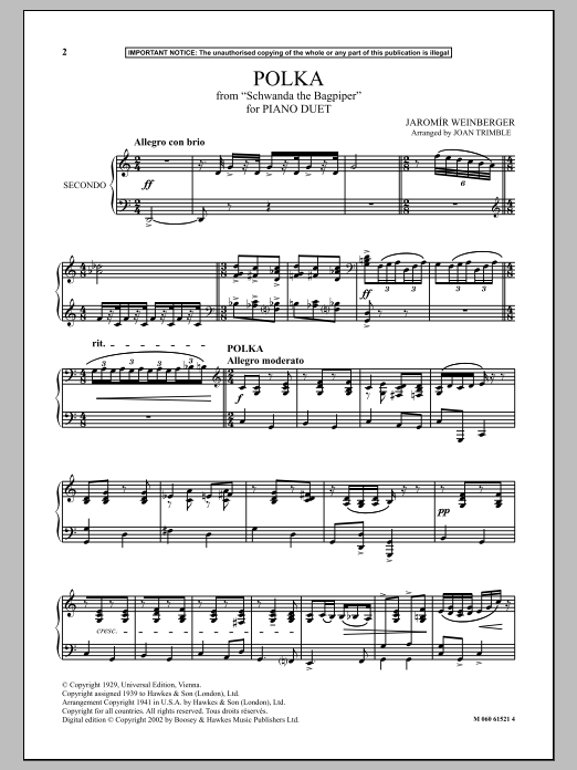 Learn to play Joan Trimble Polka (from Schwanda The Bagpiper) sheet music for Piano Duet in minutes. Price: 7.8900$ Joan Trimble Polka (from Schwanda The Bagpiper) sheet music notes and chords arranged for Piano Duet