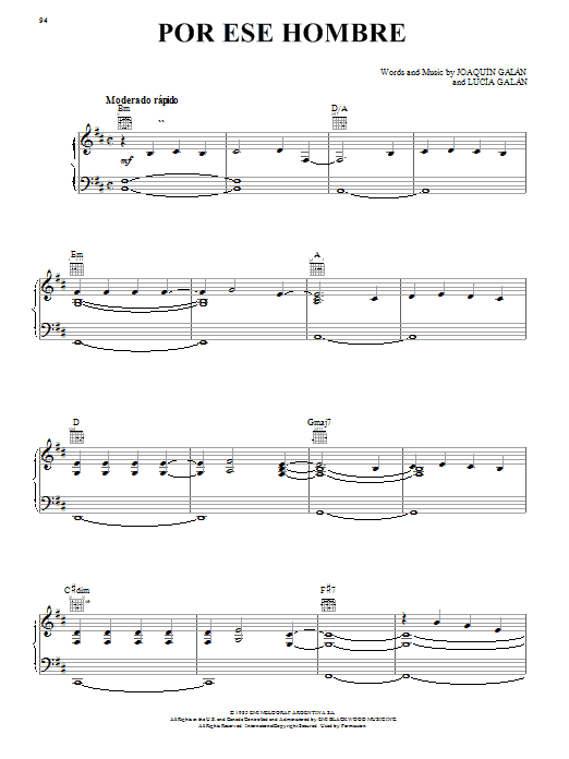 Learn to play Joaquin Galan Por Ese Hombre sheet music for Piano, Vocal & Guitar Chords (Right-Hand Melody) in minutes. Price: 7.8900$ Joaquin Galan Por Ese Hombre sheet music notes and chords arranged for Piano, Vocal & Guitar Chords (Right-Hand Melody)