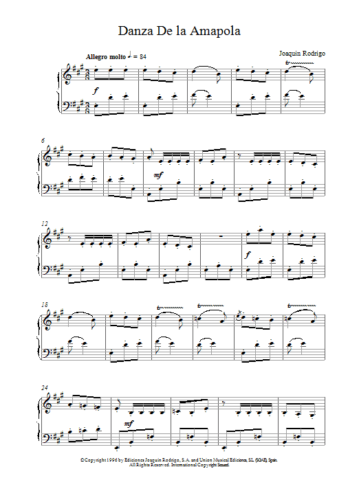 Learn to play Joaquin Rodrigo Danza De La Amapola sheet music for Piano Solo in minutes. Price: 7.8900$ Joaquin Rodrigo Danza De La Amapola sheet music notes and chords arranged for Piano Solo