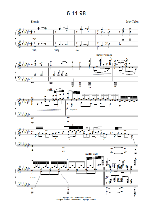 Joby Talbot 6/11/98 sheet music notes and chords arranged for Piano Solo