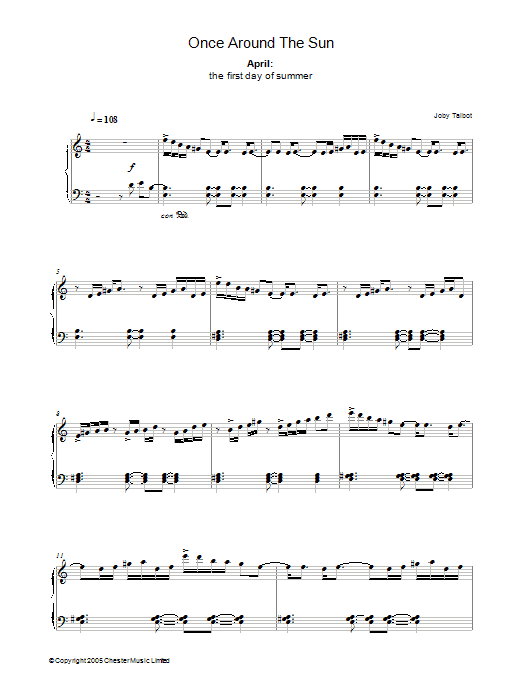 Learn to play Joby Talbot April (from Once Around The Sun) sheet music for Piano Solo in minutes. Price: 7.8900$ Joby Talbot April (from Once Around The Sun) sheet music notes and chords arranged for Piano Solo