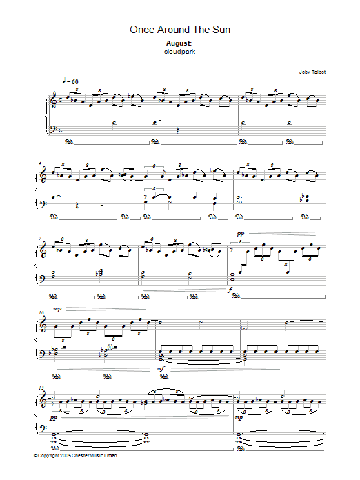 Learn to play Joby Talbot August (from Once Around The Sun) sheet music for Piano Solo in minutes. Price: 7.8900$ Joby Talbot August (from Once Around The Sun) sheet music notes and chords arranged for Piano Solo