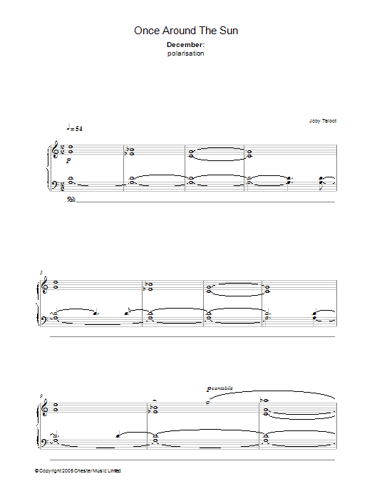 Learn to play Joby Talbot December (from Once Around The Sun) sheet music for Piano Solo in minutes. Price: 7.8900$ Joby Talbot December (from Once Around The Sun) sheet music notes and chords arranged for Piano Solo