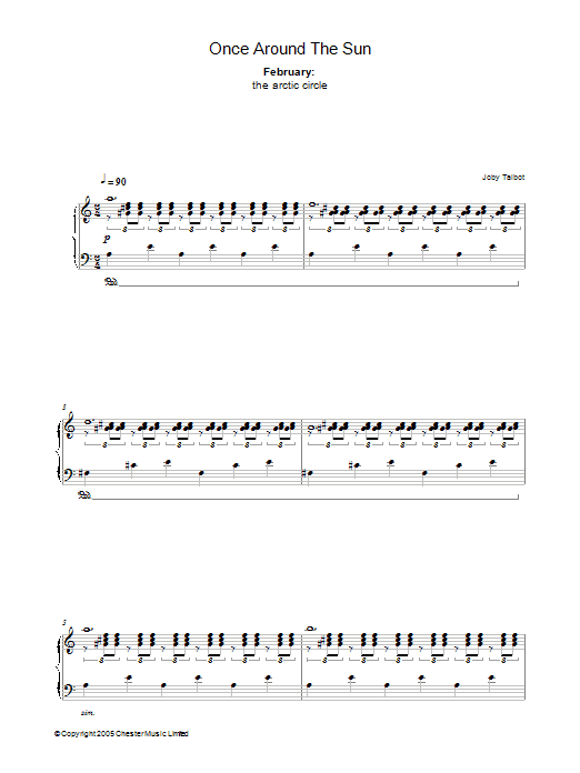 Learn to play Joby Talbot February (from Once Around The Sun) sheet music for Piano Solo in minutes. Price: 7.8900$ Joby Talbot February (from Once Around The Sun) sheet music notes and chords arranged for Piano Solo