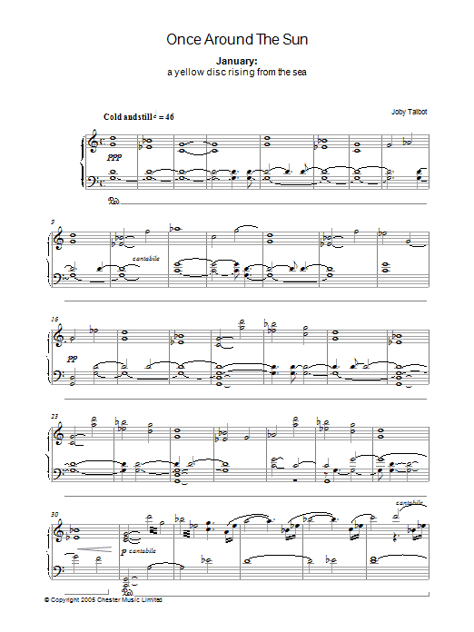 Learn to play Joby Talbot January (from Once Around The Sun) sheet music for Piano Solo in minutes. Price: 7.8900$ Joby Talbot January (from Once Around The Sun) sheet music notes and chords arranged for Piano Solo