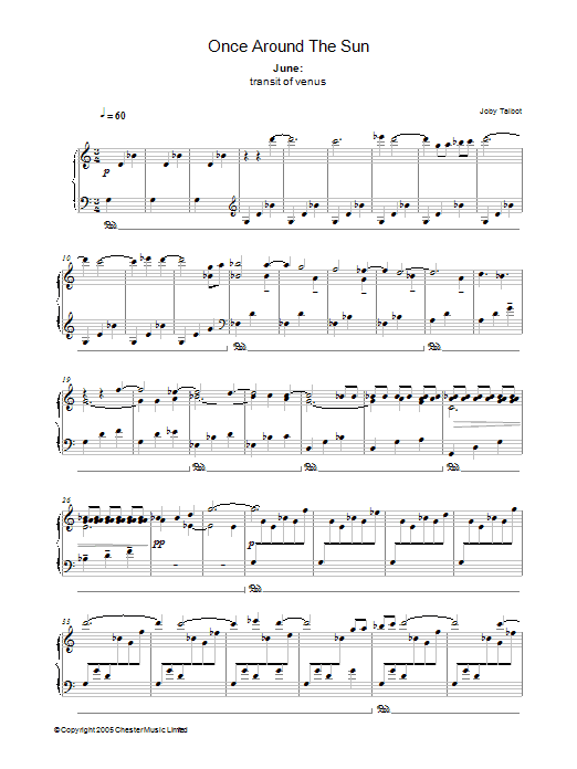 Learn to play Joby Talbot June (from Once Around The Sun) sheet music for Piano Solo in minutes. Price: 7.8900$ Joby Talbot June (from Once Around The Sun) sheet music notes and chords arranged for Piano Solo