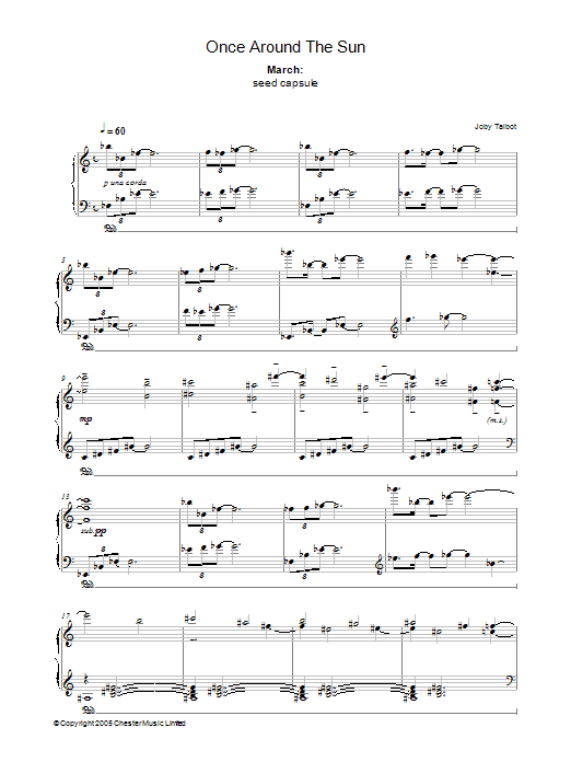 Learn to play Joby Talbot March (from Once Around The Sun) sheet music for Piano Solo in minutes. Price: 7.8900$ Joby Talbot March (from Once Around The Sun) sheet music notes and chords arranged for Piano Solo