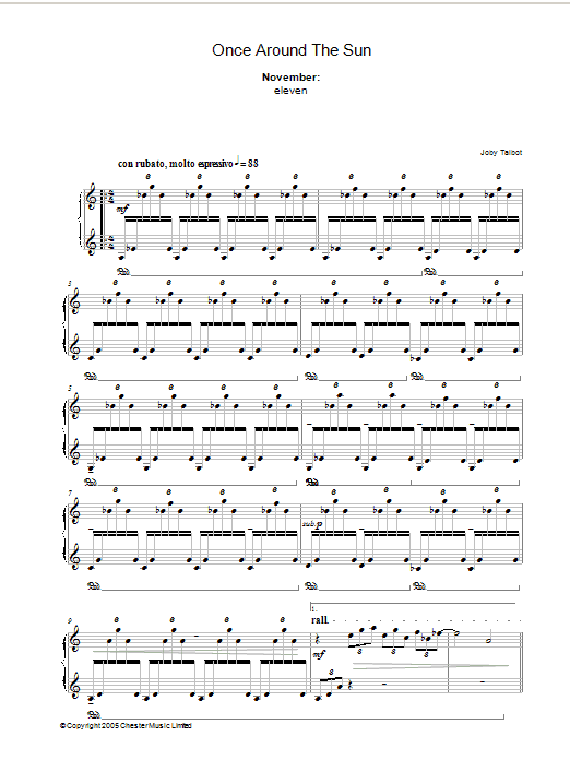 Learn to play Joby Talbot November (from Once Around The Sun) sheet music for Piano Solo in minutes. Price: 7.8900$ Joby Talbot November (from Once Around The Sun) sheet music notes and chords arranged for Piano Solo