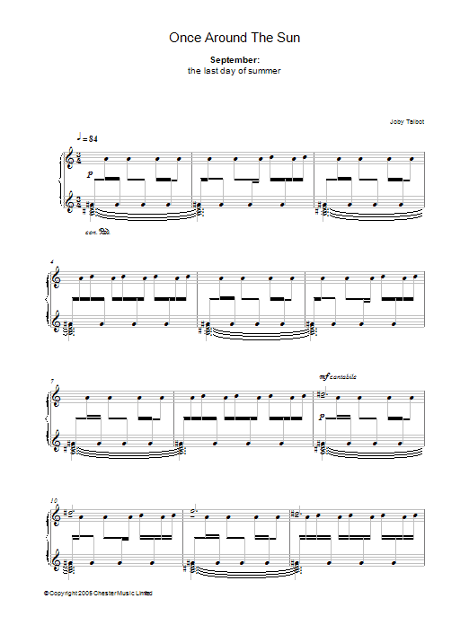 Learn to play Joby Talbot September (from Once Around The Sun) sheet music for Piano Solo in minutes. Price: 7.8900$ Joby Talbot September (from Once Around The Sun) sheet music notes and chords arranged for Piano Solo