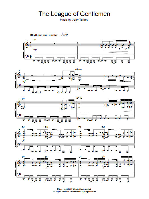 Learn to play Joby Talbot The League Of Gentlemen sheet music for Piano, Vocal & Guitar Chords in minutes. Price: 7.8900$ Joby Talbot The League Of Gentlemen sheet music notes and chords arranged for Piano, Vocal & Guitar Chords