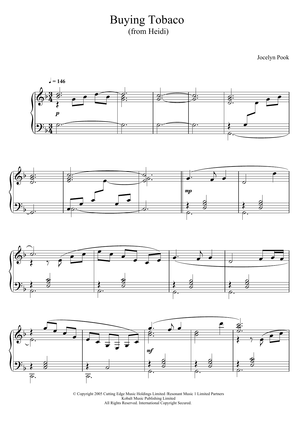 Learn to play Jocelyn Pook Buying Tobaco (From 'Heidi') sheet music for Piano Solo in minutes. Price: 7.8900$ Jocelyn Pook Buying Tobaco (From 'Heidi') sheet music notes and chords arranged for Piano Solo