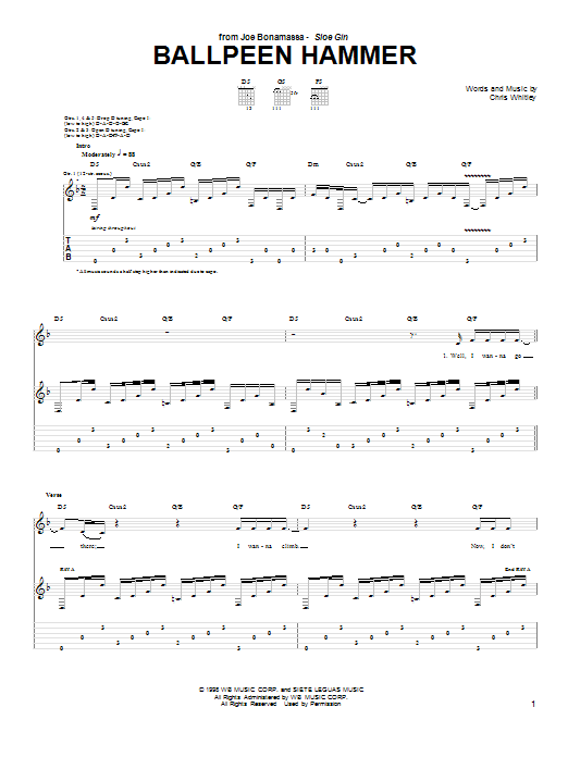 Learn to play Joe Bonamassa Ballpeen Hammer sheet music for Guitar Tab in minutes. Price: 7.8900$ Joe Bonamassa Ballpeen Hammer sheet music notes and chords arranged for Guitar Tab