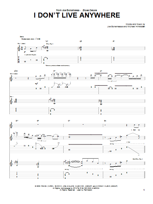 Learn to play Joe Bonamassa I Don't Live Anywhere sheet music for Guitar Tab in minutes. Price: 7.8900$ Joe Bonamassa I Don't Live Anywhere sheet music notes and chords arranged for Guitar Tab
