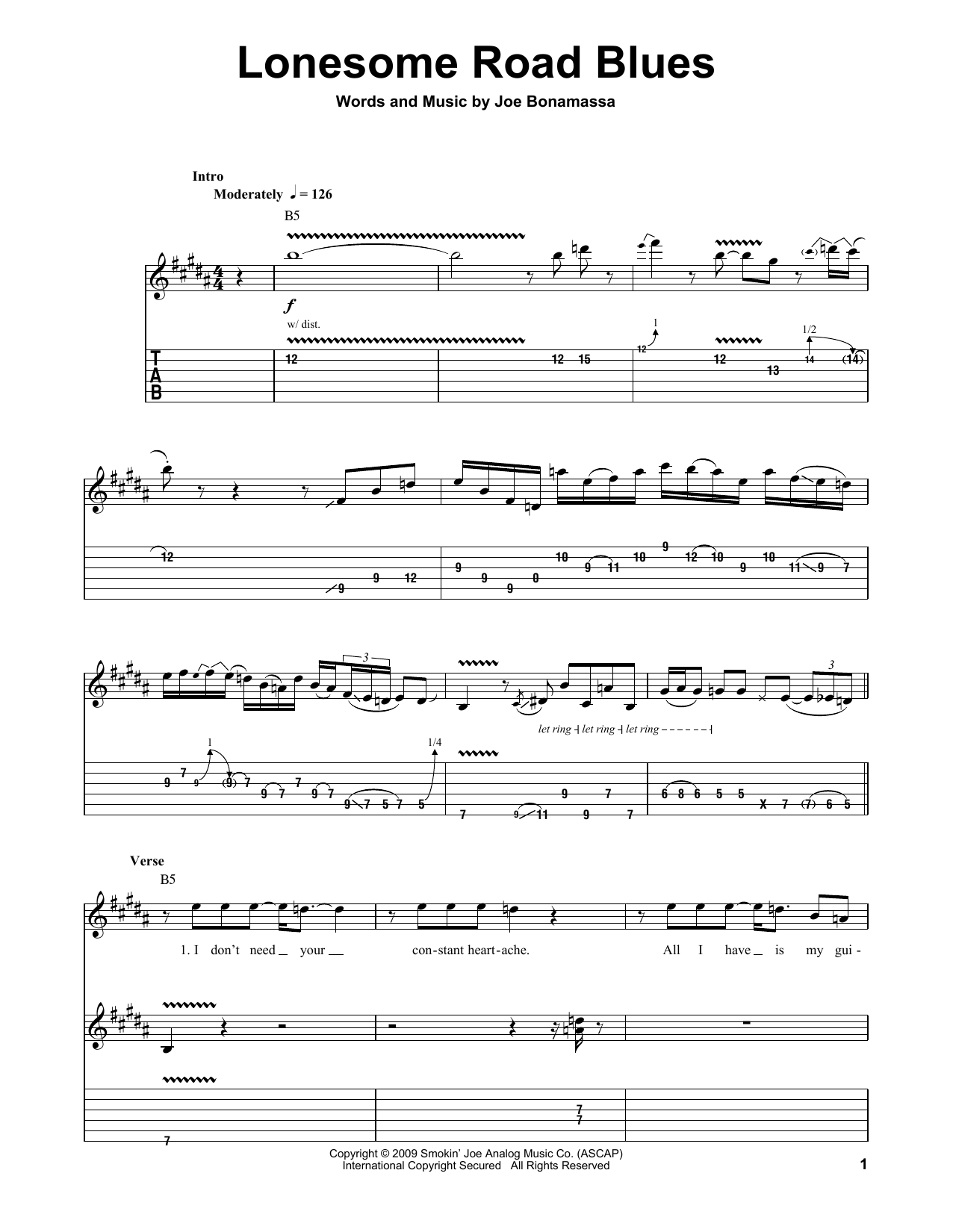 Joe Bonamassa Lonesome Road Blues sheet music notes and chords. Download Printable PDF.