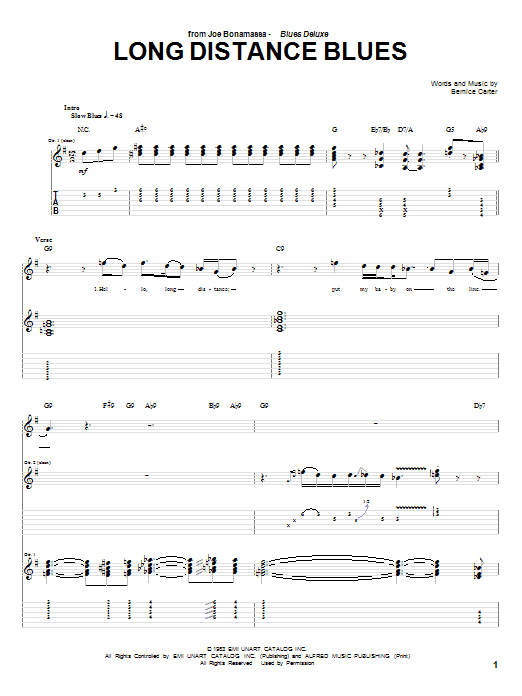 Joe Bonamassa Long Distance Blues sheet music notes and chords. Download Printable PDF.