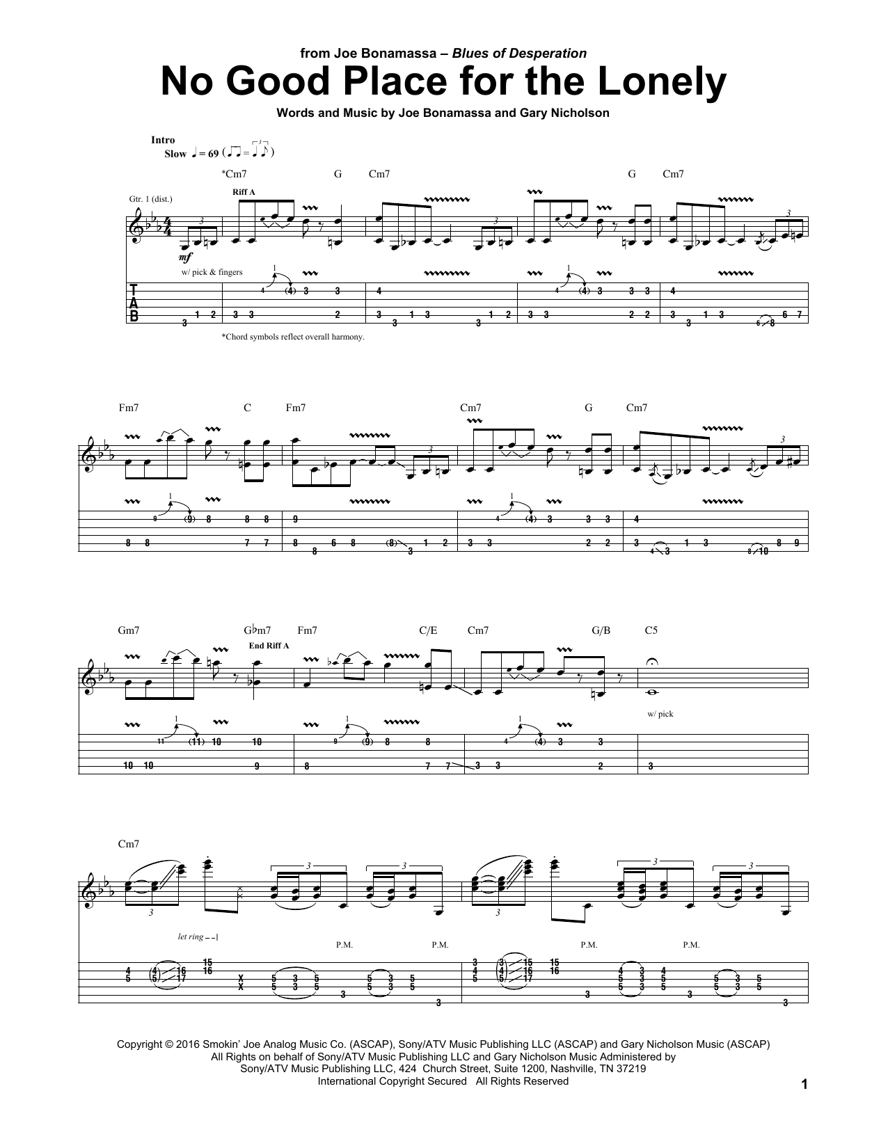 Joe Bonamassa No Good Place For The Lonely sheet music notes and chords. Download Printable PDF.