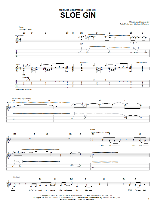 Joe Bonamassa Sloe Gin sheet music notes and chords. Download Printable PDF.