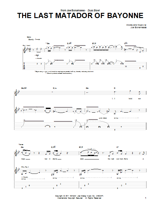 Learn to play Joe Bonamassa The Last Matador Of Bayonne sheet music for Guitar Tab in minutes. Price: 7.8900$ Joe Bonamassa The Last Matador Of Bayonne sheet music notes and chords arranged for Guitar Tab