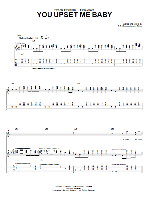 Learn to play Joe Bonamassa You Upset Me Baby sheet music for Guitar Tab in minutes. Price: 7.8900$ Joe Bonamassa You Upset Me Baby sheet music notes and chords arranged for Guitar Tab