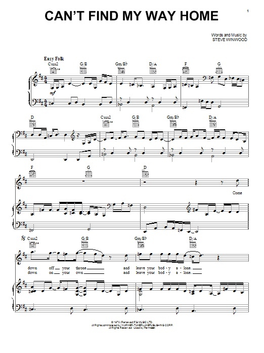 Joe Cocker Can't Find My Way Home sheet music notes and chords. Download Printable PDF.