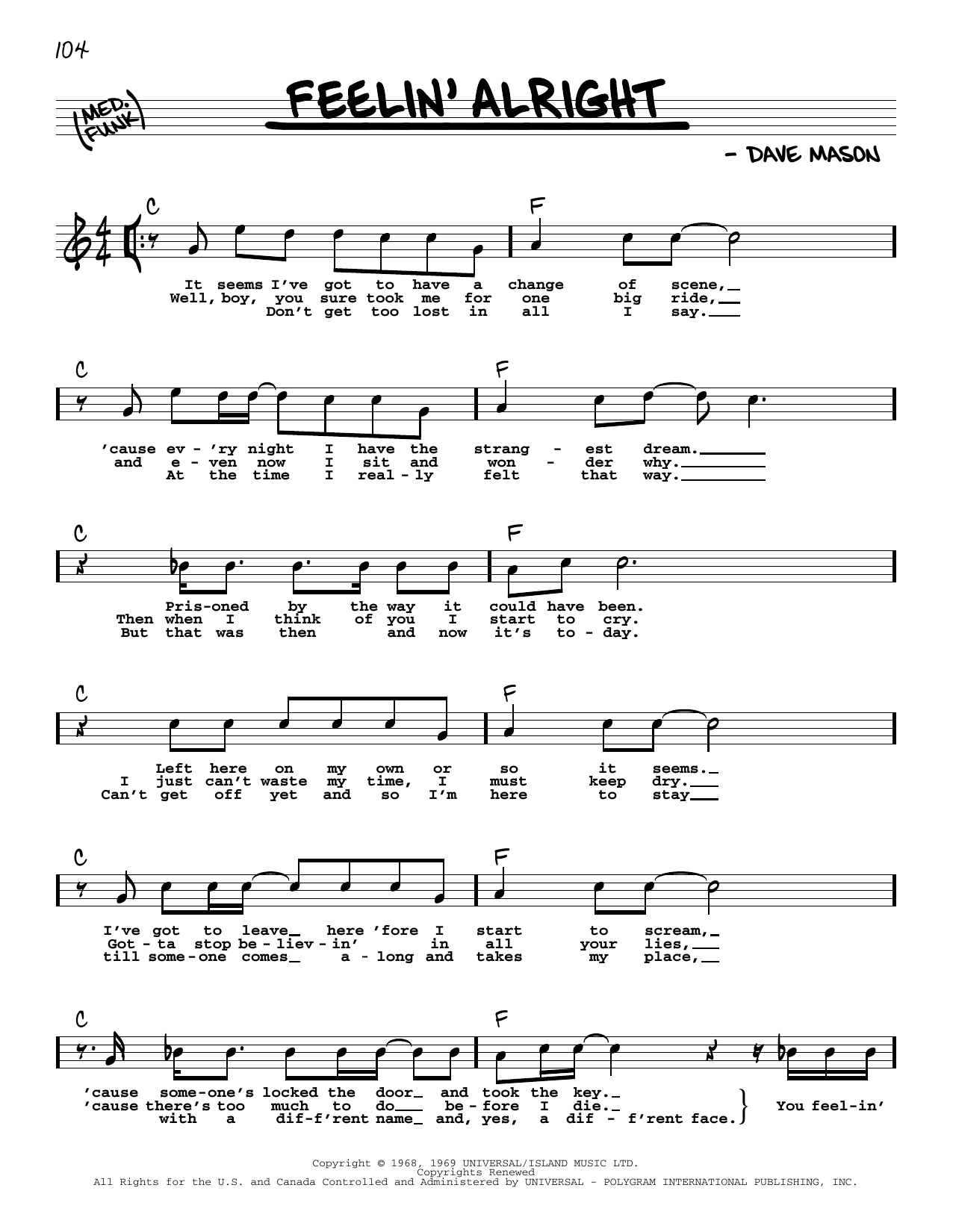 Joe Cocker Feelin' Alright sheet music notes and chords. Download Printable PDF.