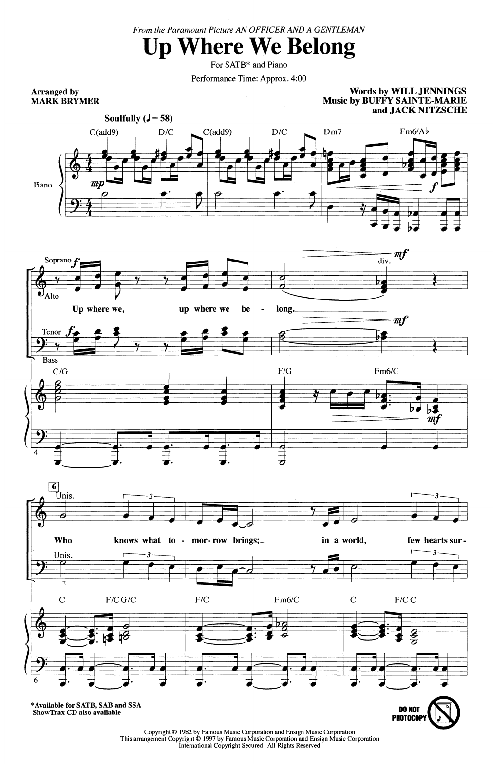 Joe Cocker & Jennifer Warnes Up Where We Belong (arr. Mark Brymer) sheet music notes and chords. Download Printable PDF.